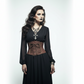 Woman wearing a black dress with a brown corset belt against a gray background