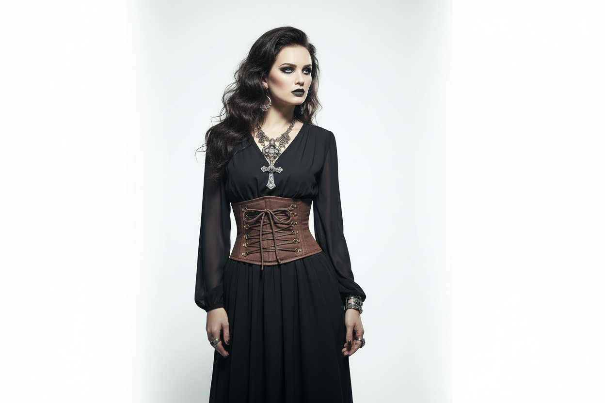 Woman wearing a black dress with a brown corset belt against a gray background