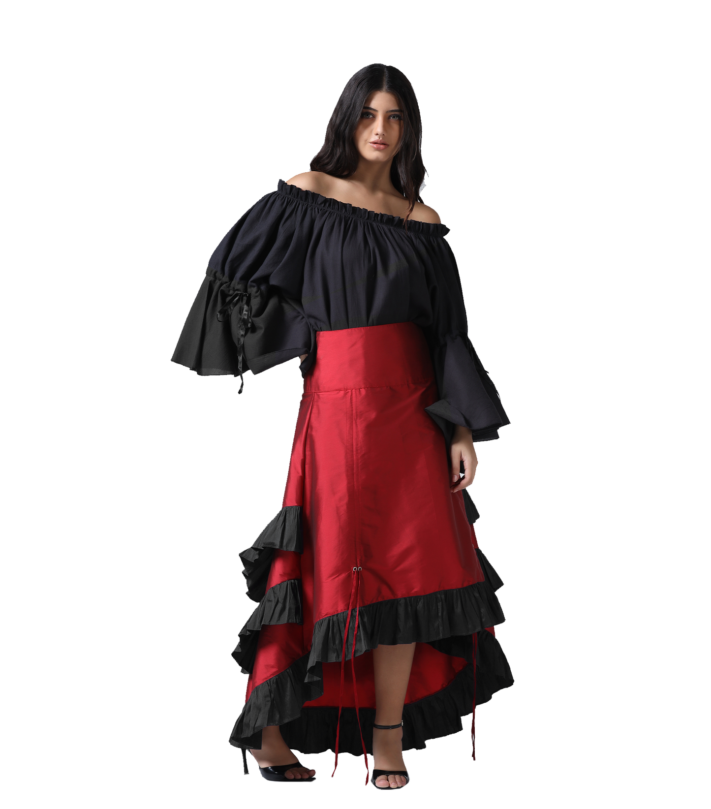 RED ADJUSTABLE HIGH LOW SKIRT Easto Garments