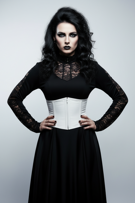 Woman wearing a black lace top and white corset against a dark background