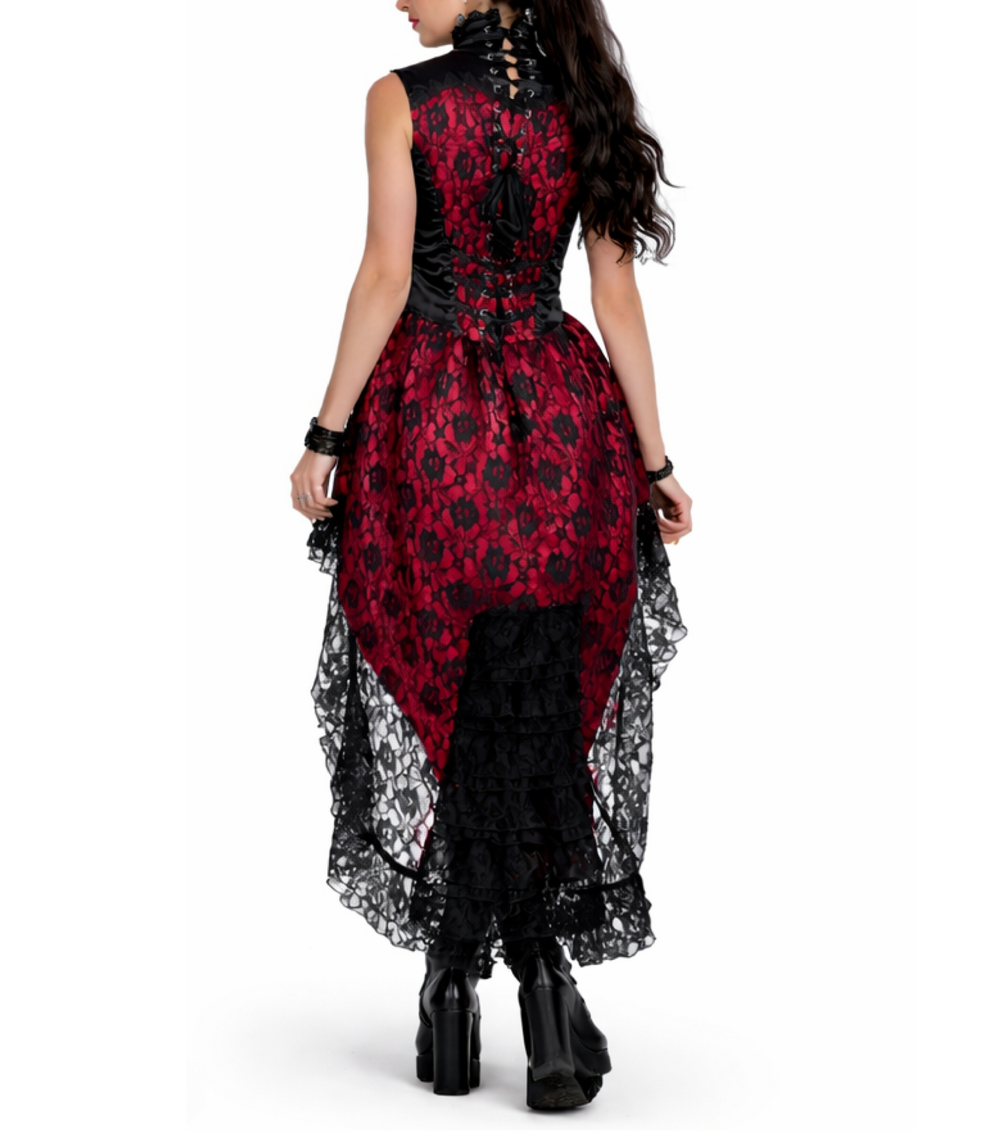 Red and black floral dress with lace details on a white background