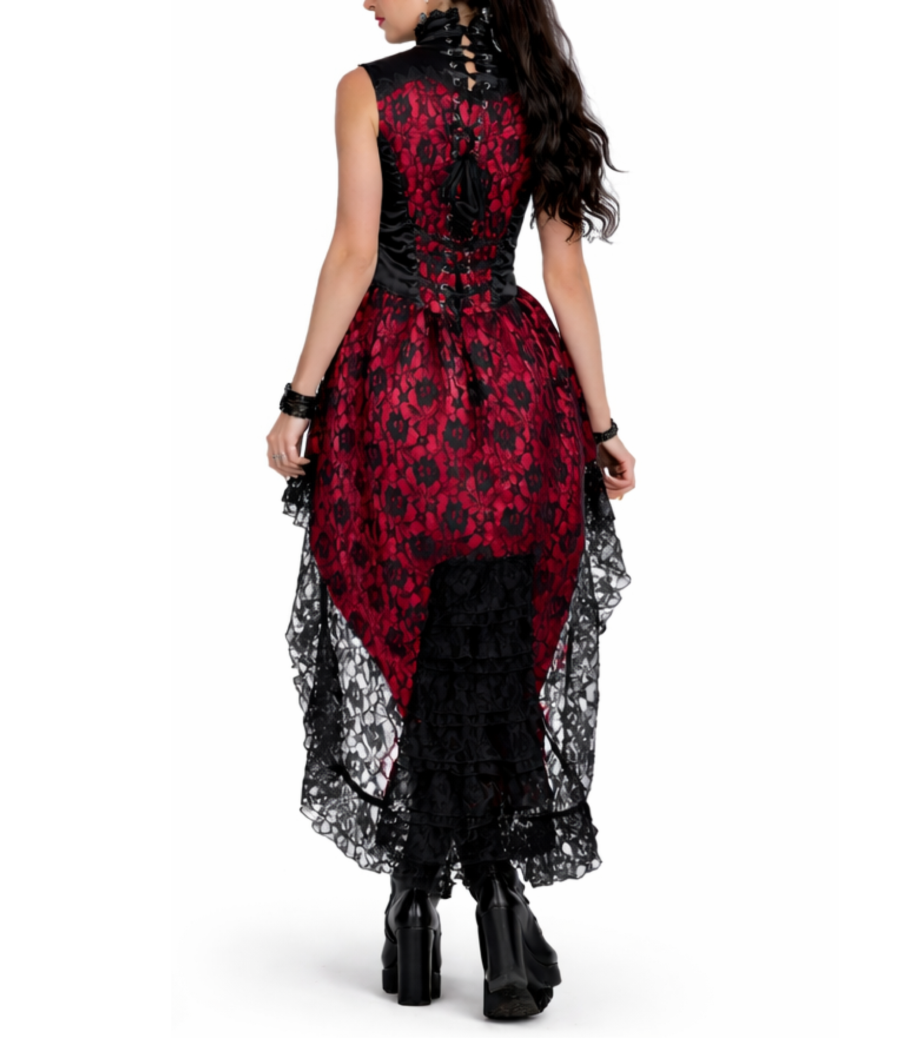 Red and black floral dress with lace details on a white background