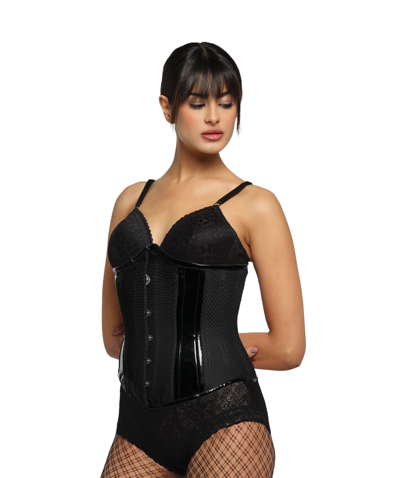 Black Mesh Paneled PVC Underbust Corset