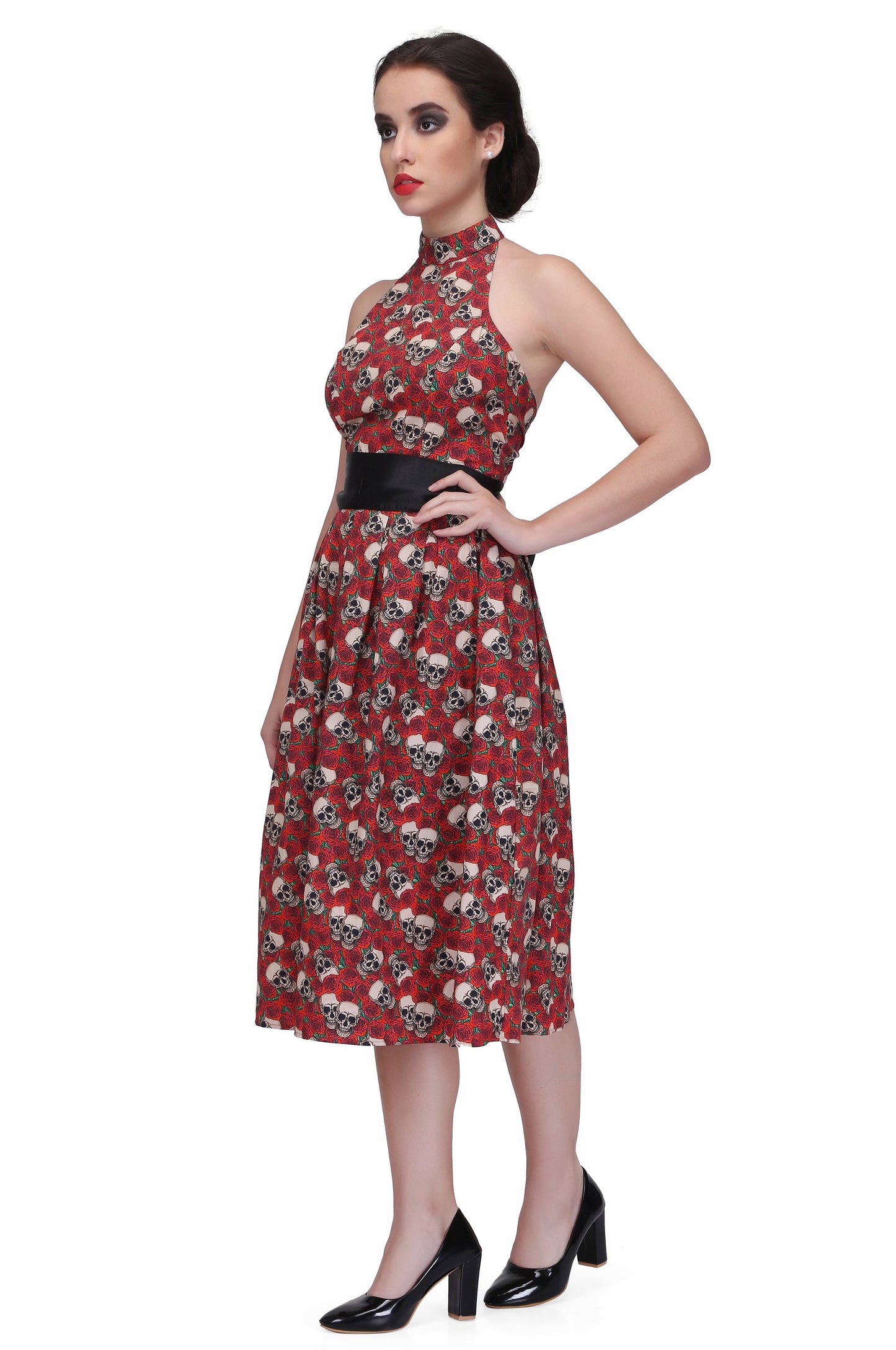 Red/Black printed gothic knee length dress - Corset Revolution