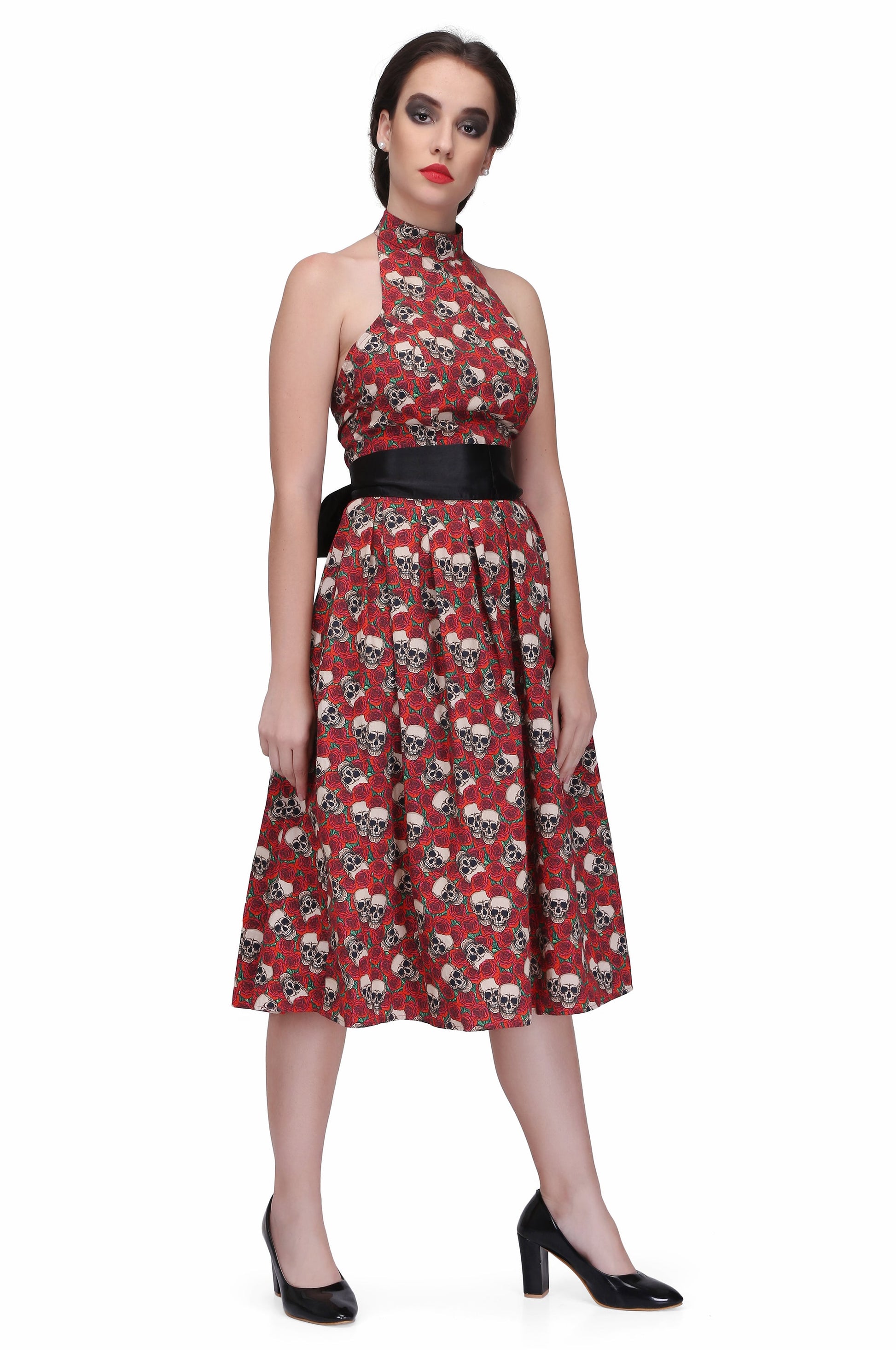 Red/Black printed gothic knee length dress - Corset Revolution