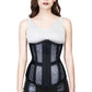 A woman wearing a black underbust corset with a zipper front opening, lace detailing, and steel bones visible through the mesh.